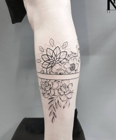 October Floral Tattoo, Geometric Flower Tattoo Sleeve, Geometric Floral Tattoo, Geometric Flower Tattoo, Wrap Around Tattoo, Cuff Tattoo, Tattoo Plant, Work Tattoo, Shape Tattoo