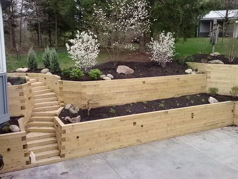 Wooden Retaining Wall, Wood Retaining Wall, Backyard Retaining Walls, Sloped Backyard Landscaping, Garden Retaining Wall, Landscaping On A Hill, Landscape Timbers, Sloped Yard, Sloped Backyard