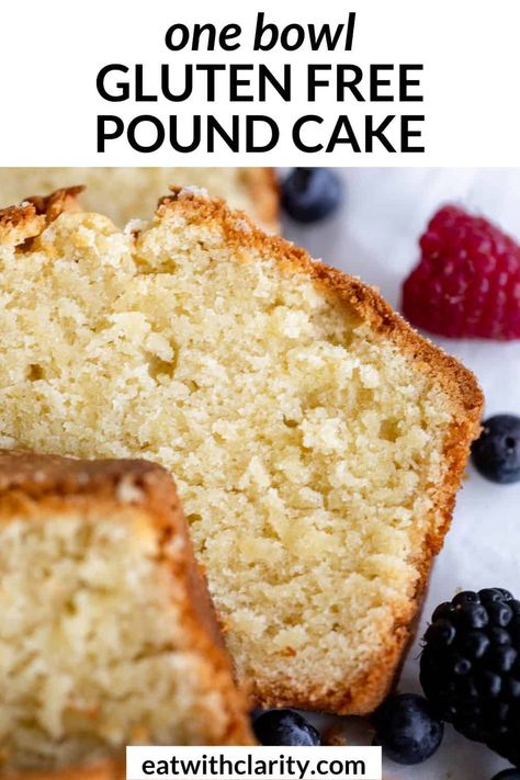 This gluten free pound cake is moist, tender and so easy to make. This pound cake is perfect with whipped cream and berries for an easy summer dessert that's made in one bowl. This gluten free cake can be made dairy free! Gf Pound Cake Recipe, Gluten Free Pound Cake Recipes Moist, Paleo Pound Cake, Gf Pound Cake, Dairy Free Greek Yogurt, Gluten Free Pound Cake, Gluten Free Cake Recipe, Pound Cake Recipe, Vanilla Icing