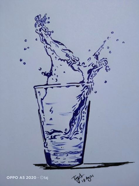 Glass Of Water Tattoo, Glass Of Water Drawing, Drawings Of Water, Water Bottle Drawing, Blue Doodles, Glass Sketch, Water Sketch, Fountain Pen Drawing, Glass Drawing