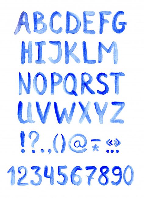 Watercolor Font Alphabet, Blue Font Aesthetic, Blue Typography Aesthetic, Blue Letters Printable, Blue Alphabet Letters, Cool Fonts To Draw, Numbers Aesthetic, Shuffle Ideas, Alphabet Watercolor