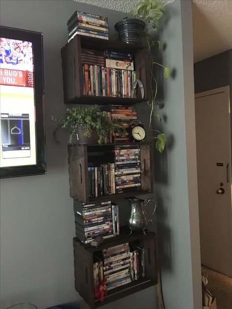 Cd Storage Wall, Movie Shelf Aesthetic, Criterion Collection Shelf, Dvd Storage Aesthetic, Movie Shelf Ideas Dvd Storage, Dvd Shelf Aesthetic, Dvd Collection Display, Dvd Shelf Ideas, Cd Shelf Aesthetic