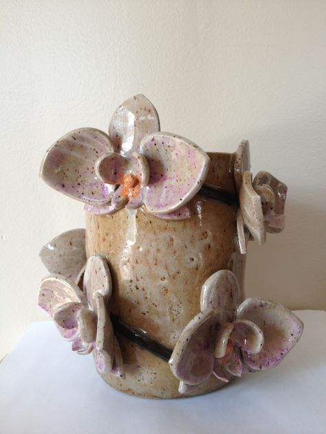 Clay Crafts Flower Pot, Orchid Ceramic Pots, Orchid Pots Ceramic Pottery, Orchid Sculpture, Orchid Ceramic, Orchid Clay, Orchid Aesthetic, Clay Orchid Pots, Clay Orchid