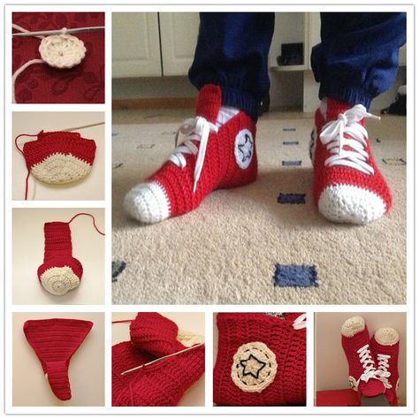 crochet-converse-slipper-featured Converse En Crochet, Diy Crochet Shoes, Converse Slippers, Crochet Hello Kitty, Crochet Beard, Crochet Converse, Bobble Crochet, Hello Kitty Crochet, Shoes And Socks