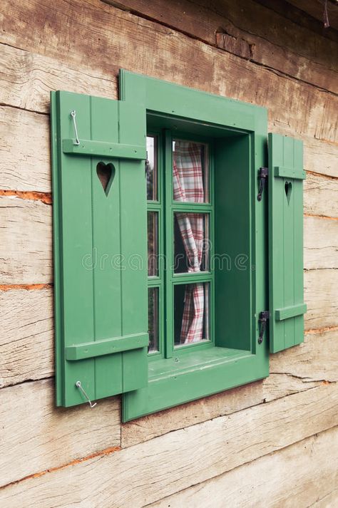 Paint Exterior House, Traditional Log Cabin, Window Shutters Exterior, Cabin Windows, Cottage Windows, Building Wall, House Shutters, Diy Shutters, Cabin Exterior