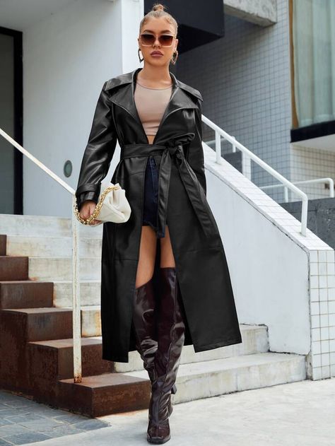 Free Returns ✓ Free Shipping On Orders $49+ ✓. SHEIN Lapel Neck Belted PU Leather Longline Coat- Women Trench Coats at SHEIN. Leather Coat Outfit, Longline Trench Coat, Drop Shoulder Coat, Fall Winter Jacket, Long Leather Coat, Faux Leather Coat, Longline Coat, Langer Mantel, Trench Coat Black