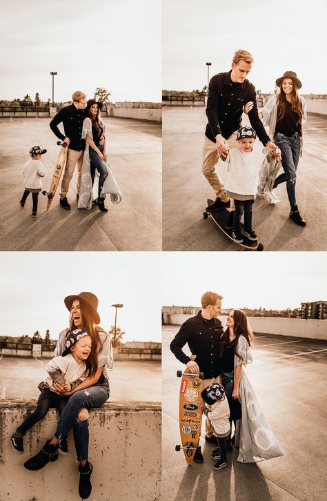 Styling a family for a skateboarding lifestyle shoot in a parking garage at sunset. Fun family photos your clients will love. #skateboardphotos #skateboardfamilyphotos #parkadephotos #familyphotos #lifestylefamilyphotography #aunthenticfamilyphotography Rock Family Photoshoot, Streetwear Family Photos, Hipster Family Photoshoot, Family Parking Garage Photoshoot, Skater Family Photoshoot, Skateboard Family Photoshoot, Skater Family Photos, Parking Garage Photoshoot Family, Skate Park Family Photos