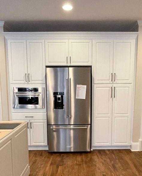 There are many creative ways to maximize storage space within the kitchen. The right side of the fridge was customized to serve as a built-in pantry including serval rollouts. #custompantry #pantry #beforeandafter #cabinetmodification #carpentry #kitchenbeforeandafter #rollouts #kitchengoals #kitchenstorage #kitchenorganization Wall Cabinets With Fridge, Pantry Cupboard Next To Fridge, Gap Between Fridge And Cabinet, Pantry Wall With Refrigerator, Built In Pantry Cabinet Wall With Refrigerator, Built In Cabinets Around Fridge, Pantry Cabinets Around Refrigerator, Refrigerator Pantry Wall, Pantry Around Fridge