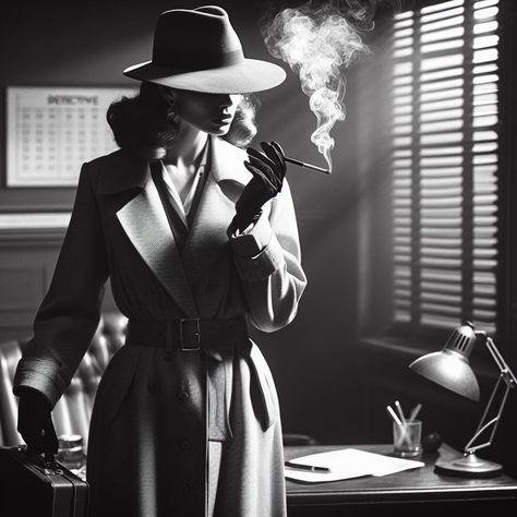 Noir Aesthetic Women, Detective Outfit Female Vintage, Film Noir Women, Mafia Woman Aesthetic, Noir Detective Aesthetic, 1920s Aesthetic Women, High Society Aesthetic, Female Gangster, Film Noir Photography