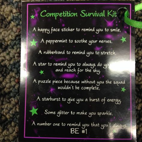 Competition Survival Kit Tag. Before the first competition we gathered all of these items and put them into custom cups we found at the dollar store. This tag was tied to the outside and the girls loved them! Beauty Pageant Survival Kit, Cheer Competition Survival Kit, First Competition Gifts, Color Guard Survival Kit, Dance Competition Survival Kit, Cheer Survival Kit Ideas, Gymnastics Survival Kit, Dance Survival Kit, Cheer Competition Gifts