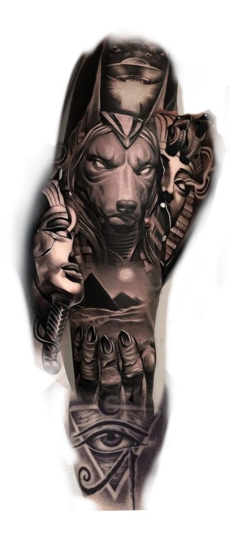 Men’s Egyptian Tattoo, African Theme Tattoo, Egyptian Arm Tattoo, Egyptian Leg Sleeve, Anubis Tattoo Design, Tattoo Pierna Hombre, Anubis Drawing, Egypt Theme, Egypt Tattoo Design