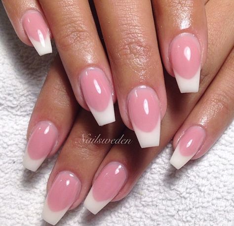 Ballerina Nails Pink And White, White Tip Pink Powder Nails, Pink And White French Tip Nails Coffin, Pink And White Nails French Coffin, Pink And White Ballerina Nails, Pink And White Nail Designs French, Pink White Nails French, Classic Pink And White Acrylic Nails, Dark Pink And White French Tip Nails