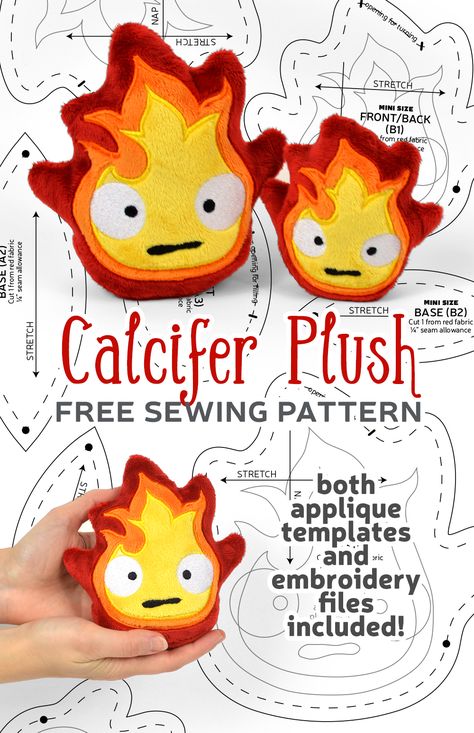 Ghibli Felt Pattern, Felt Plush Pattern Free, Studio Ghibli Crafts Diy, Stuffed Toys Patterns Free, Calcifer Plush, Anime Stuffed Animals, Totoro Diy, Sewing Stencils, Choly Knight