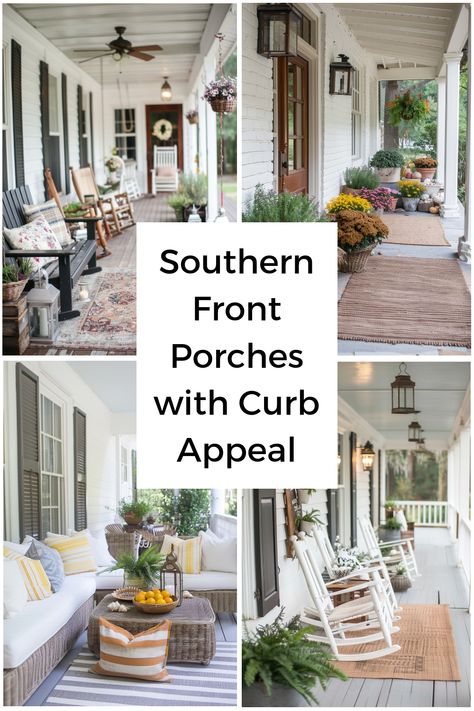 Tips and ideas for making the perfect Southern front porch to add curb appeal to your home. White Rocking Chairs On Front Porch, Front Porch Furniture Layout Ideas, Hydrangea Front Porch, Big Front Porch Ideas, Front Porch Furniture Layout, Farmhouse Porch Columns, Southern Front Porch Ideas, Minimalist Front Porch, Front Porch Furniture Ideas