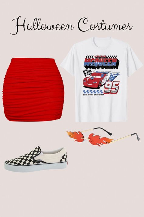 Lightning Mcqueen Costume Women, Lightning Mcqueen And Mater Costume, Mcqueen Halloween Costume, Cute Firs, Mcqueen Costume, Cars Halloween Costume, Lightning Mcqueen Costume, Mcqueen Outfit, Flame Sunglasses