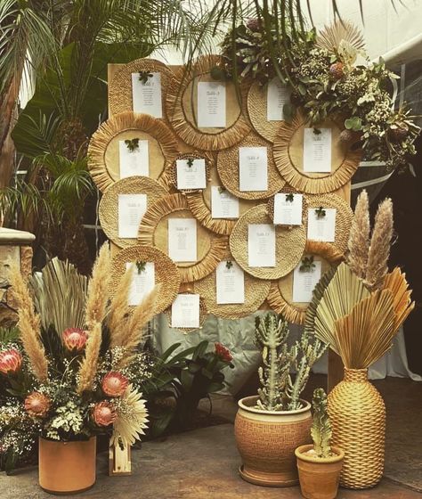 Boho Wedding @shopthreesparrows on IG Boho Entrance Decor Wedding, Tropical Boho Wedding Decor, Boho Wedding Details, Boho Entrance Decor, Wicker Wedding Decor, Boho Wedding Entrance, Boho Seating Chart Wedding, Boho Event Decor, Wedding Sitting Chart