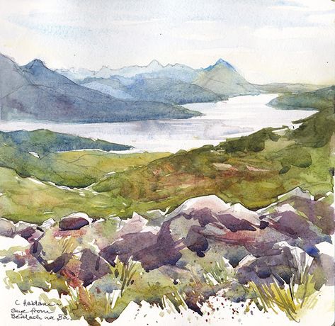 Scottish Highlands Watercolour, Scotland Watercolor Paintings, Scotland Watercolor, Scotland Drawing, Scotland Painting, Scotland Aesthetic, Watercolour Landscapes, Scotland Art, Sydney Skyline