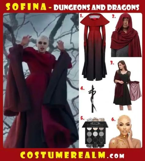 Dress Like Sofina From Dungeons And Dragons Dungeons And Dragons Costumes, Dragon Halloween Costume, Pale Makeup, Bald Cap, Dragon Costume, Long Red Dress, Dark Outfits, Group Costumes, Long Red