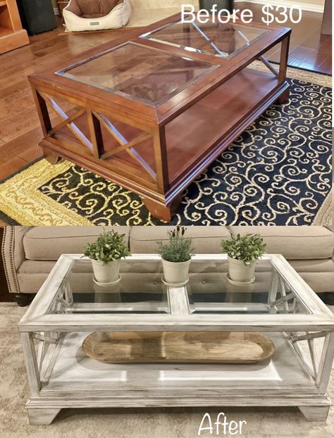 Coffee Table Makeover - painted with white chalk Paint then dry brushed. Glass Coffee Table Makeover, Wood Coffee Table Makeover, Refurbished Coffee Tables, Coffee Table Refinish, Coffee Table Redo, Cleaning Furniture, Fabric Couch, Coffee Table Makeover, Painted Coffee Tables