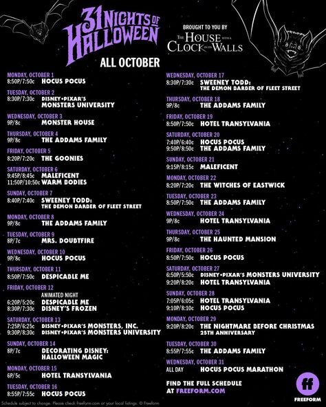 Halloween Abc, Scary Movie List, Scary Movies To Watch, 31 Nights Of Halloween, Halloween Movies List, Movie Schedule, Halloween Movie Night, Movie To Watch List, Abc Family