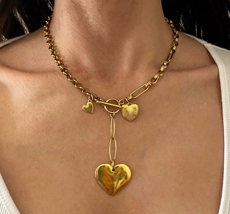 Excited to share this item from my #etsy shop: Gold heart necklace, heart charms necklace, steel chain necklace with charms, toggle necklace, Valentine’s Day gift, y heart necklace #toggle #lariatnecklace #ynecklace #valentinesdaygift Chain Necklace With Charms, Necklace With Charms, Charms Necklace, Toggle Necklace, Necklace Heart, Gold Heart Necklace, Tiny Heart, Rolo Chain, Big Heart