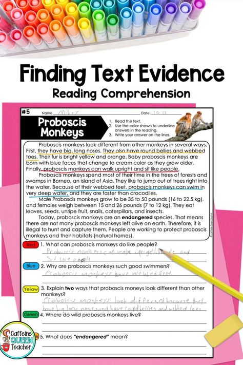 images shows a worksheet with text-dependent questions for students Text Evidence Bulletin Board, Teaching Text Evidence, How To Teach Students, Teaching Reading Skills, Resource Room Teacher, Citing Text Evidence, Intervention Classroom, Text Dependent Questions, Caffeine Queen