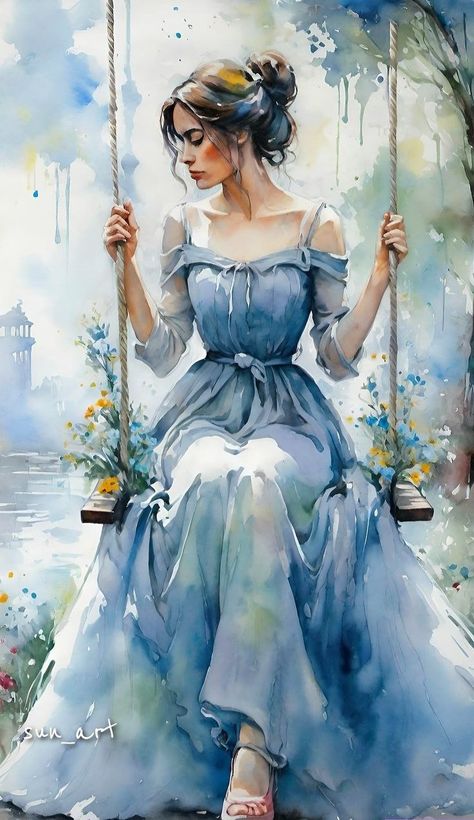 Watercolor Dress Painting, Drawings Of Characters, Swing Drawing, Best Painting Ever, Human Painting, Cats Art Drawing, Female Art Painting, Landscape Art Painting, Girly Art Illustrations