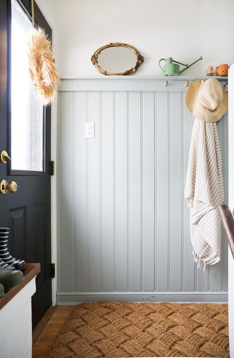 Shiplap Wall Hallway Entryway, Premade Wainscoting Panels, Tongue And Groove Half Wall, Headboard Entryway, Entrance Wainscoting, Beadboard Entryway, Wood Paneling Makeover, Diy Beadboard, Paneling Makeover