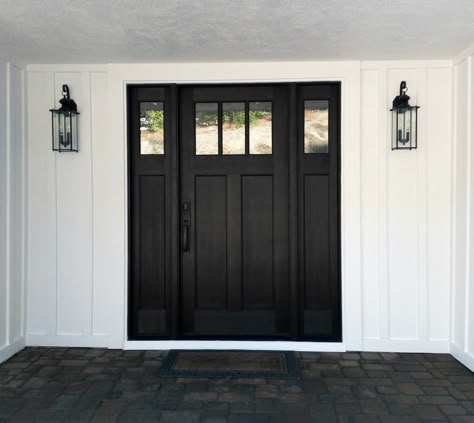 Black Front Door With Sidelights, Double Wood Front Doors, Craftsman Style Front Doors, Exterior Double Doors, Craftsman Front Door, Black Entry Doors, Front Door With Sidelights, Door With Sidelights, Black Exterior Doors