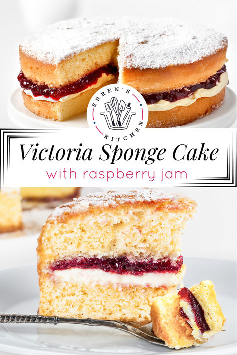 A traditional Victoria sandwich cake is an English baking classic made up of a moist yet fluffy vanilla sponge cake filled with rich buttercream and fruity jam! This easy recipe for homemade Victoria Sponge Cake with Buttercream uses the all-in-one method. It’s a delicious, buttery, tender cake with a thick layer of raspberry jam.

See errenskitchen.com for more easy, delicious dessert recipes! Victoria Sponge Loaf Cake, Victorian Sandwich Cake, Traditional Victoria Sponge Cake, Easy Victoria Sponge Cake Recipe, Victoria Cake Recipe, Classic Cake Recipes, Fruity Cake Recipes, Jam Filled Cake, Raspberry Jam Cake Recipe