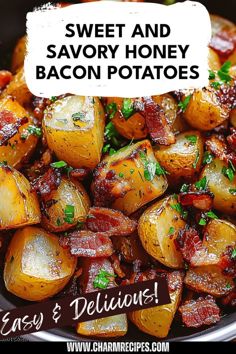 These honey bacon roasted potatoes are a perfect side dish that combines crispy, golden potatoes with a luscious honey glaze and crunchy bacon bits. The mouthwatering mix of sweetness and savoriness makes these potatoes an unforgettable complement to your meals. Ideal for family dinners or special gatherings, they are easy to make yet full of flavor. Impress your guests with this delicious recipe that everyone will love! Perfect for barbecues, parties, or simply as a comforting side dish any night. Bacon Bits Recipes, Honey Bacon, Crispy Roasted Potatoes, Golden Potatoes, Bacon Potatoes, Potatoes Crispy, Bacon Potato, Fresh Salad, Chicken Bacon Ranch