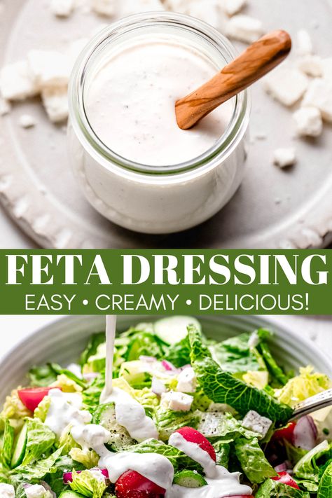 Creamy Feta Dressing is easy to make with just 8 simple ingredients. It adds a burst of flavor to salads, grilled meats, sandwiches & more. // recipe // greek salad // for gyro // easy Feta Cheese Dressing, Greek Yogurt Salad Dressing, Feta Dressing, Dinner And Lunch Recipes, Dill Dressing, Creamy Salad Dressing, Creamy Feta, Eat More Veggies, Rose Recipes