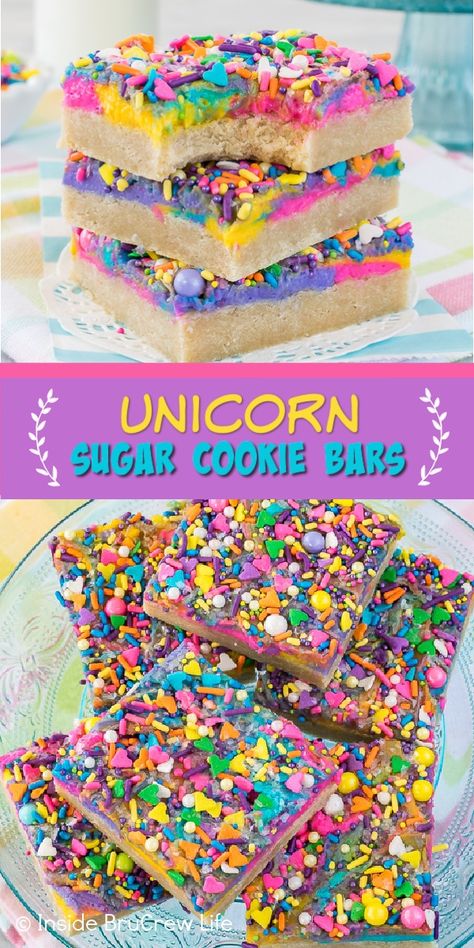 Unicorn Sugar Cookie Bars - these easy unicorn bars are made and frosted in one pan. Colorful vanilla frosting and rainbow sprinkles make them so fun. Great dessert recipe for any party! Unicorn Dessert Ideas, Rainbow Treats For Kids, Easy Rainbow Cookies, Rainbow Food Ideas Party Treats, Colorful Baked Goods, Kids Birthday Desserts, Easy Kids Dessert Recipes, Fun Birthday Desserts, Fun Kid Desserts