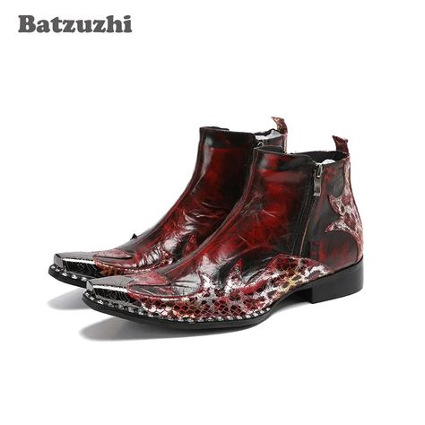 Batzuzhi Western Handmade Men's Boots Fashion Pointed Metal Tip Soft Leather Ankle Boots Men Botas Hombre, Big Sizes EUR38-46 Metallic Ankle Boots, Cowboy Ankle Boots, Leopard Boots, Ankle Boots Men, Pointed Toe Shoes, Motorcycle Boots, British Style, Leather Ankle Boots, Dress With Boots