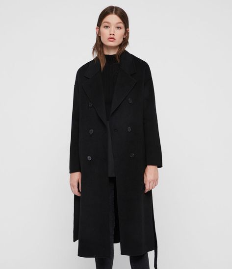 ALLSAINTS US: Womens Maddison Coat (black) Long Black Coat Women, Black Wool Coat Women, Black Wool Coat, Wool Coat Women, Wool Overcoat, Shearling Coat, Parka Coat, Coat Women, Black Wool