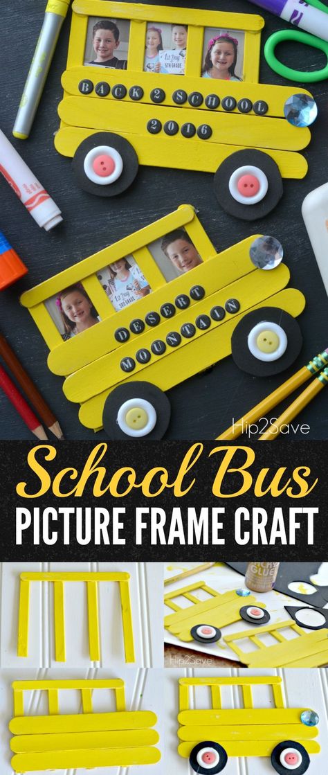 Craft Stick School Bus (Back to School Idea) – Hip2Save School Bus Pictures, School Photo Frames, Bus Crafts, Projects School, Photo Frame Crafts, Decomposing Numbers, Education Games, Picture Frame Crafts, Hundreds Chart