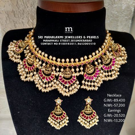 Newly Added Kundan chandbali Laxmi ji Necklace And matching Earrings Visit Our Showroom For Widest Range of Gold and Diamond Jewellery at Most Reasonable Prices. Call/WhatsApp us on 9100592011, 9652005510 for Video Call Shopping. FREE SHIPPING AVAILABLE IN INDIA AND USA. www.srimahalaxmijewellers.in #SriMahalaxmiJewellers #MahalaxmiJewellers #kundanjewellery #vaddanam #babyvaddanam #ring #bangles #silverjewelry #jewelrydesigner #designerjewellery #handmadejewellery #love #jewelleryaddict Guttapusalu Haram, Kundan Chandbali, Ruby Necklace Designs, Ear Tops, Gutta Pusalu, Diamond Wedding Jewelry, Pearl Jewelry Design, Choker Gold, Chandbali Earrings