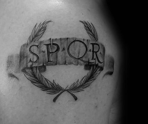 3d Spqr Banner With Olive Branch Mens Shoulder Tattoos Spqr Tattoo, Rome Tattoo, Italy Tattoo, Roman Tattoo, Viking Tattoo Sleeve, Army Tattoos, Sigil Tattoo, Band Tattoo Designs, Military Tattoos