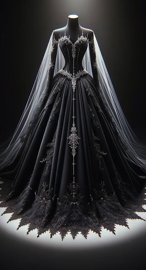 Gothic Ball Gown Victorian, Red And Black Gothic Wedding Dress, Black Wedding Gowns Classy, Fantasy Gowns Black, Black Princess Wedding Dress, Black Royal Gown, Black Ball Gown Aesthetic, Dark Fantasy Wedding Dress, Black Long Sleeve Wedding Dress