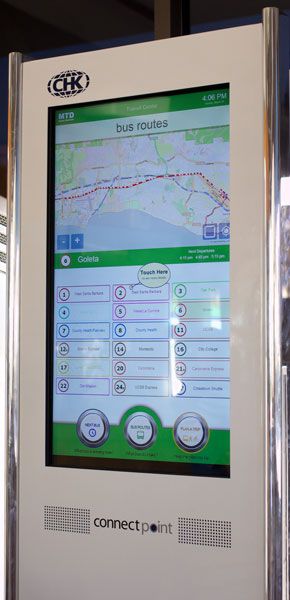 #ConnectPoint Travel Kiosk.  Touchscreen technology allows customers to interact with the information – whether they are seeking to find out when the next bus is departing or they would like to view their entire route to determine the best bus stop at which to disembark. The web-enabled kiosk also provides trip planning tools that include directions for transit, cars, bicycling and walking. Bus Information, Digital Kiosk, Wayfinding Design, Bus Station, Bus Stop, Kiosk, Urban Spaces, Public Transport, Trip Planning