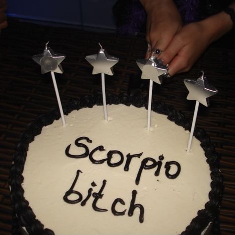 scorpio bitch cake aesthetic trendy zodiac sign birthday cute soft grunge black and white sweet Scorpio Cake Aesthetic, Dark Birthday Aesthetic, Scorpion Cake, 18th Bday Cake, Scorpio Cake, Black Scorpio, 19th Birthday Cakes, 20 Birthday Cake, Aesthetic Cake