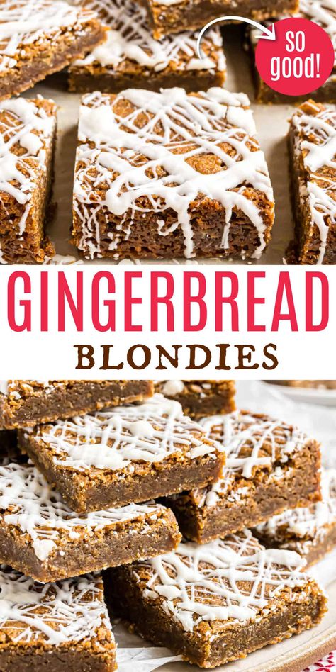 Gingerbread Blondies with White Chocolate Christmas Gingerbread Desserts, Betty Crocker Gingerbread Mix Recipes, Shelf Stable Recipes, Gingerbread Party Food, Gingerbread Mix Recipes, Christmas Blondie Bars, Ginger Dessert Recipes, Winter Baked Goods, Ginger Squares