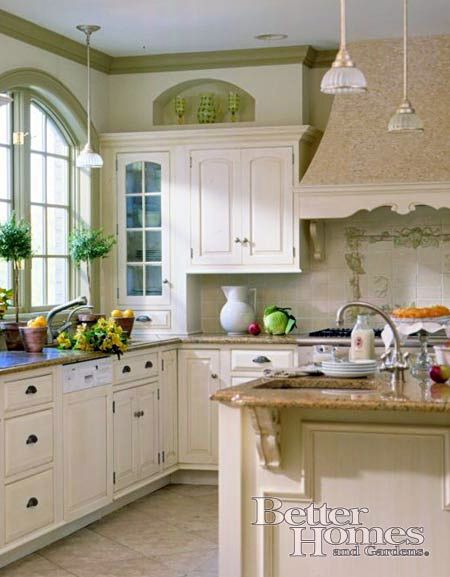 A kitchen I designed with unusual green trim and accents Kitchen Banquette, French Country Kitchens, French Country Kitchen, Kitchen Island Design, Island Design, Kitchen Redo, Large Kitchen, Kitchen Remodel Idea, White Cabinets