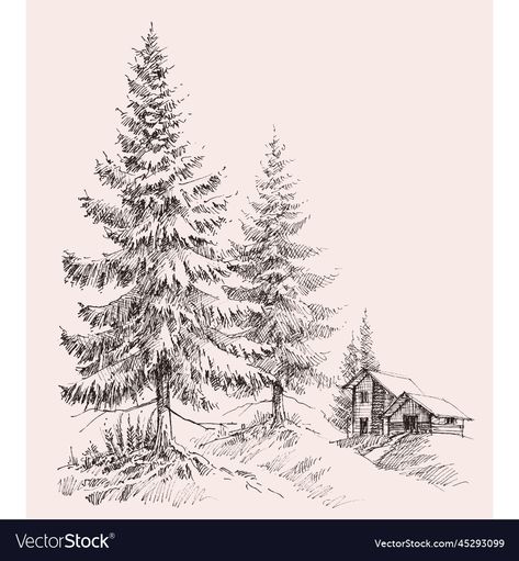 Pine Tree Sketch, Tree Vector Illustration, Alpine Landscape, Pine Trees Forest, Tree Vector, Cabin Art, Tree Sketches, Landscape Sketch, Architecture Drawing Art