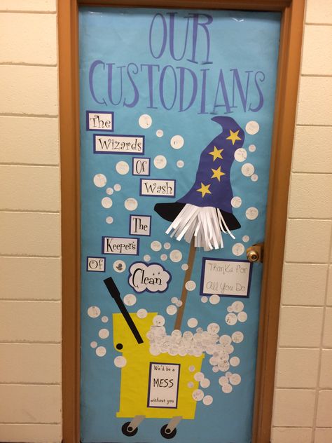 Custodian Bulletin Board, Custodian Appreciation Door Decorations, Custodian Door Decoration Decorating Ideas, Janitor Door Decoration, Principal Office Door Decorating Ideas, Classroom Door Themes Elementary, Principal Door Decorations, Custodian Day Ideas, Pta Themes For The Year