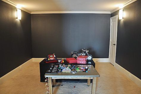 Playroom Paint Makeover | Iron Ore Sherwin-Williams Iron Ore Media Room, Iron Ore Basement, Iron Ore Room, Hangout Basement, Media Room Colors, Iron Ore Sherwin Williams, Sherwin Williams Iron Ore, Playroom Paint, Media Room Paint Colors