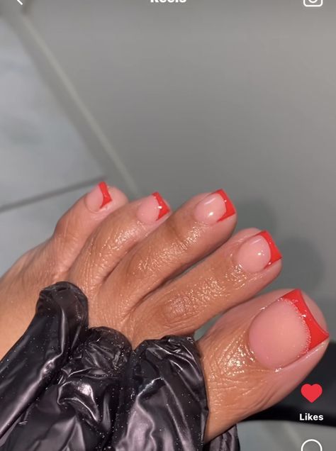 Red French Toe Nails, Red French Tip Nails Toes, Red Acrylic Toes, Red French Tip Toes, Red Pedicure Ideas, Red Toe Nails, Baddies Nails, French Toe Nails, Toes Pedicure