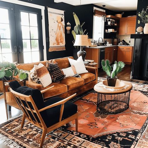 black_and_rust_living_room_boho 20 Western Themed Living Room, Rust Living Room Ideas, Dark Boho Aesthetic, Black And Rust Living Room, Southwest Gothic, Cowboy Living Room, Western Boho Living Room, Rust Living Room, Desert Interior