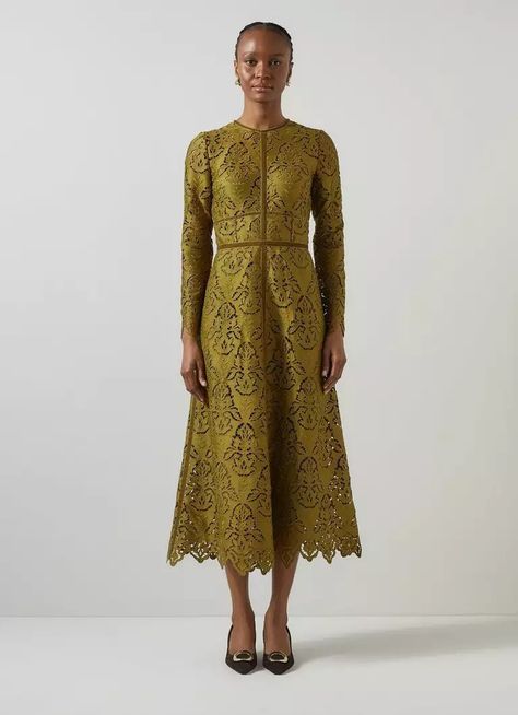 Gracie Moss Green Velvet Trimmed Lace Dress, LK Bennett UK Mom Wardrobe, Midi Skater Dress, Fall 24, Minimal Classic, Lk Bennett, Slim Fit Casual Shirts, Velvet Trim, Midi Length Skirts, Lace Midi