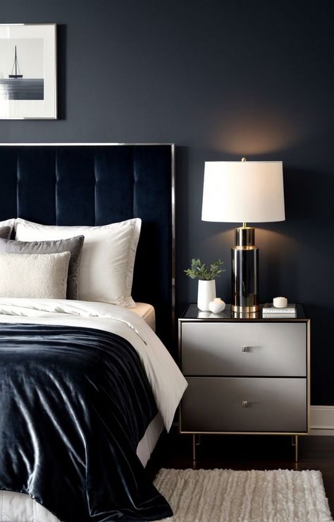 Dark Blue Headboard, Dark Blue Bedroom Aesthetic, Dark Blue Bedding, Blue Bedroom Aesthetic, Minimalist Platform Bed, Dark Blue Bedroom, Blue Bedrooms, Dark Blue Bedrooms, Blue Headboard